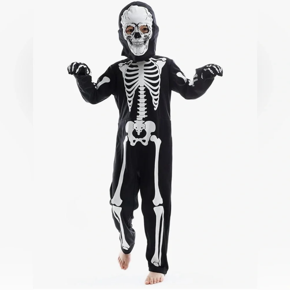 💀 NWT Kids Skeleton Costume Glow in The Dark Skeleton Halloween Costume age 9-11